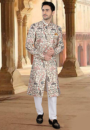 Embroidered Art Silk Sherwani in Off White