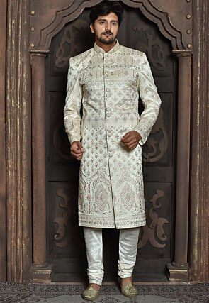 Embroidered Art Silk Sherwani in Off White