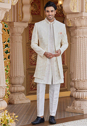 Embroidered Art Silk Sherwani in Off White