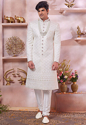 Embroidered Art Silk Sherwani in Off White