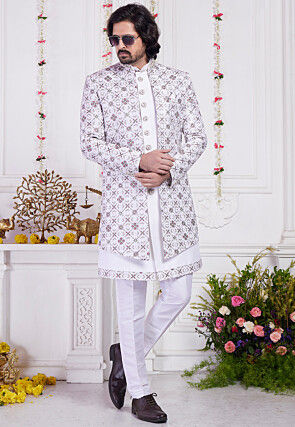 Embroidered Art Silk Sherwani in Off White