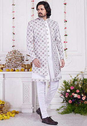 Embroidered Art Silk Sherwani in Off White