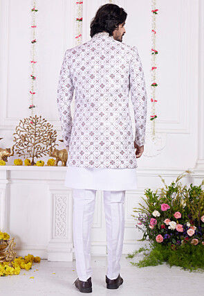Embroidered Art Silk Sherwani in Off White