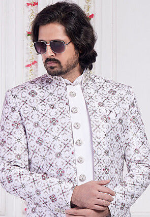 Embroidered Art Silk Sherwani in Off White