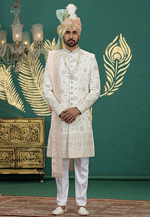 Embroidered Art Silk Sherwani in Off White