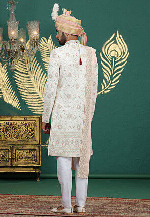 Embroidered Art Silk Sherwani in Off White