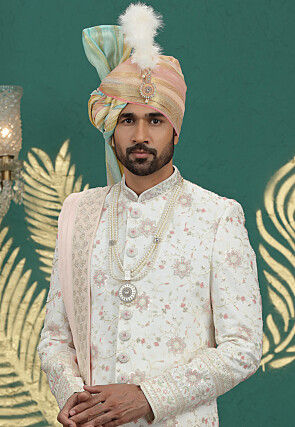 Embroidered Art Silk Sherwani in Off White