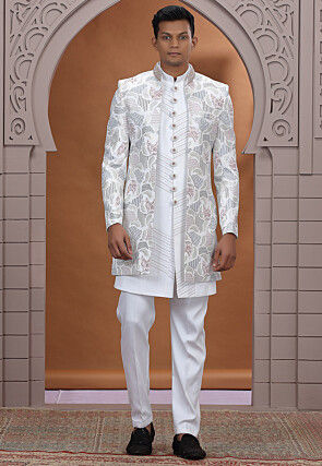 Embroidered Art Silk Sherwani in Off White