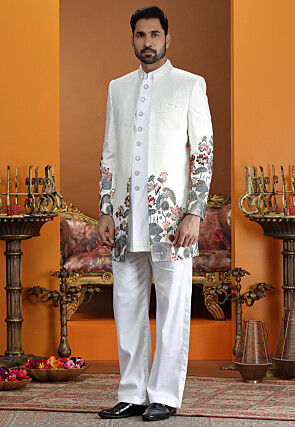 Embroidered Art Silk Sherwani in Off White