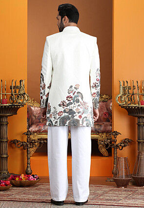 Embroidered Art Silk Sherwani in Off White