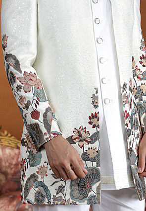 Embroidered Art Silk Sherwani in Off White