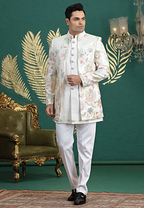 Embroidered Art Silk Sherwani in Off White