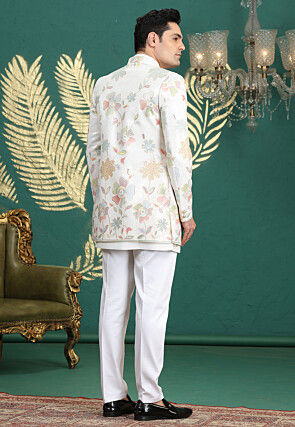 Embroidered Art Silk Sherwani in Off White