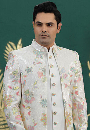 Embroidered Art Silk Sherwani in Off White