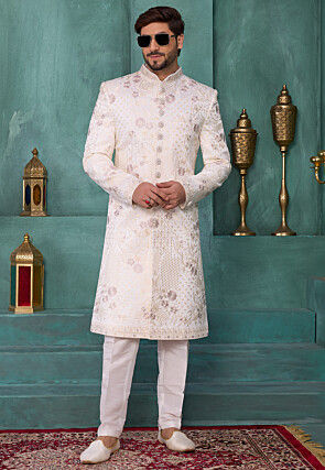 Embroidered Art Silk Sherwani in Off White