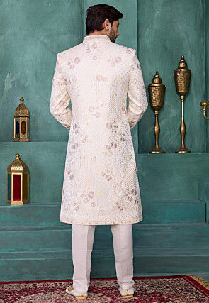 Embroidered Art Silk Sherwani in Off White