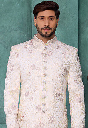 Embroidered Art Silk Sherwani in Off White