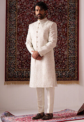 Embroidered Art Silk Sherwani in Off White