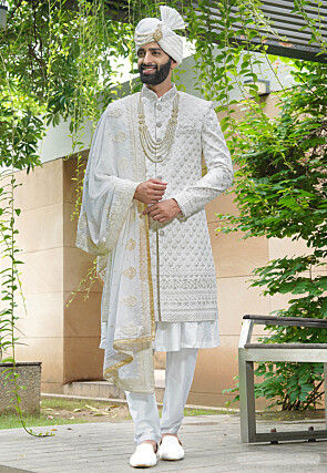 Embroidered Art Silk Sherwani in Off White
