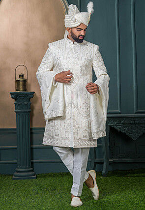 Embroidered Art Silk Sherwani in Off White