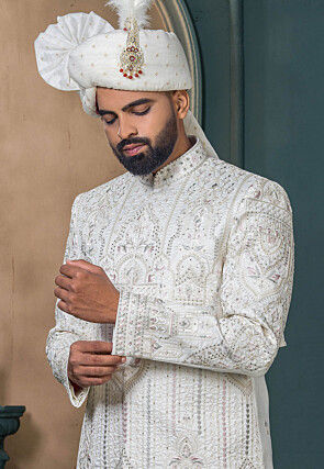 Embroidered Art Silk Sherwani in Off White