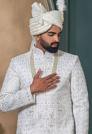 Embroidered Art Silk Sherwani in Off White
