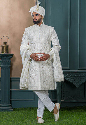 Embroidered Art Silk Sherwani in Off White