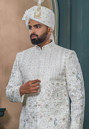 Embroidered Art Silk Sherwani in Off White