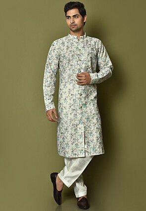 Embroidered Art Silk Sherwani in Off White