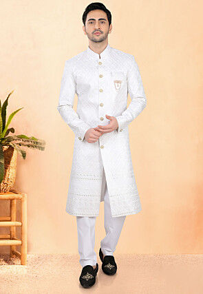 Embroidered Art Silk Sherwani in Off White