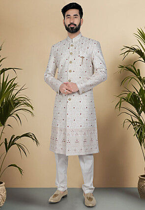 Embroidered Art Silk Sherwani in Off White