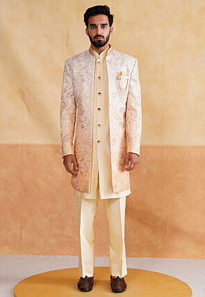 Embroidered Art Silk Sherwani in Off White