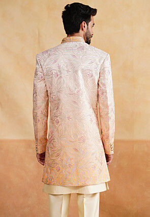 Embroidered Art Silk Sherwani in Off White