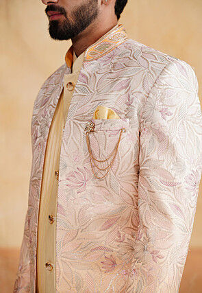 Embroidered Art Silk Sherwani in Off White