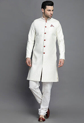 Embroidered Art Silk Sherwani in Off White