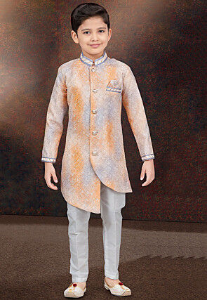 Embroidered Art Silk Sherwani in Orange and Grey
