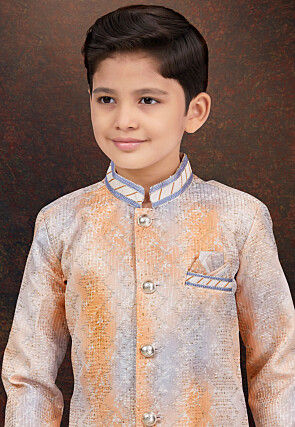 Embroidered Art Silk Sherwani in Orange and Grey