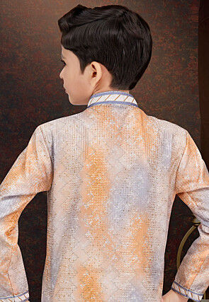 Embroidered Art Silk Sherwani in Orange and Grey