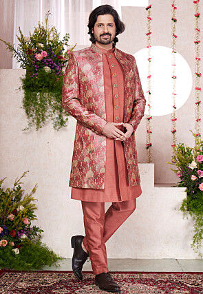 Embroidered Art Silk Sherwani in Orange