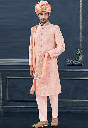 Embroidered Art Silk Sherwani in Peach