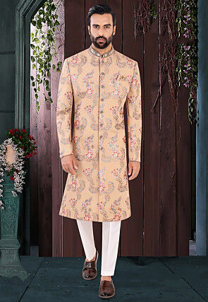 Embroidered Art Silk Sherwani in Peach
