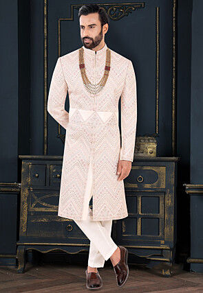 Embroidered Art Silk Sherwani in Peach