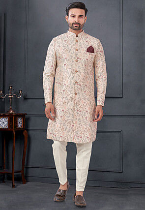 Embroidered Art Silk Sherwani in Peach