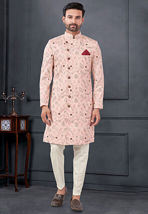 Embroidered Art Silk Sherwani in Peach