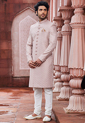 Embroidered Art Silk Sherwani in Peach