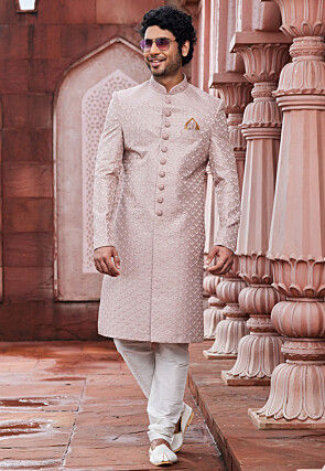 Embroidered Art Silk Sherwani in Peach