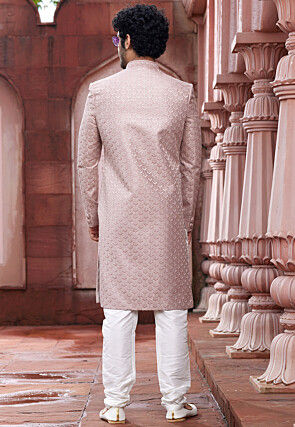 Embroidered Art Silk Sherwani in Peach