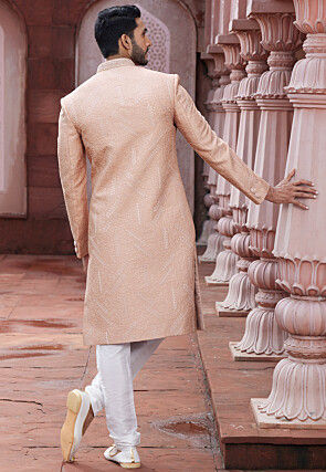 Embroidered Art Silk Sherwani in Peach