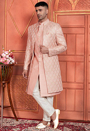 Embroidered Art Silk Sherwani in Peach