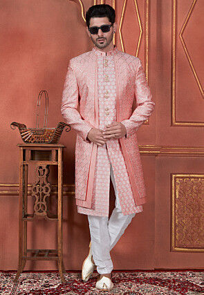 Embroidered Art Silk Layered Sherwani in Peach